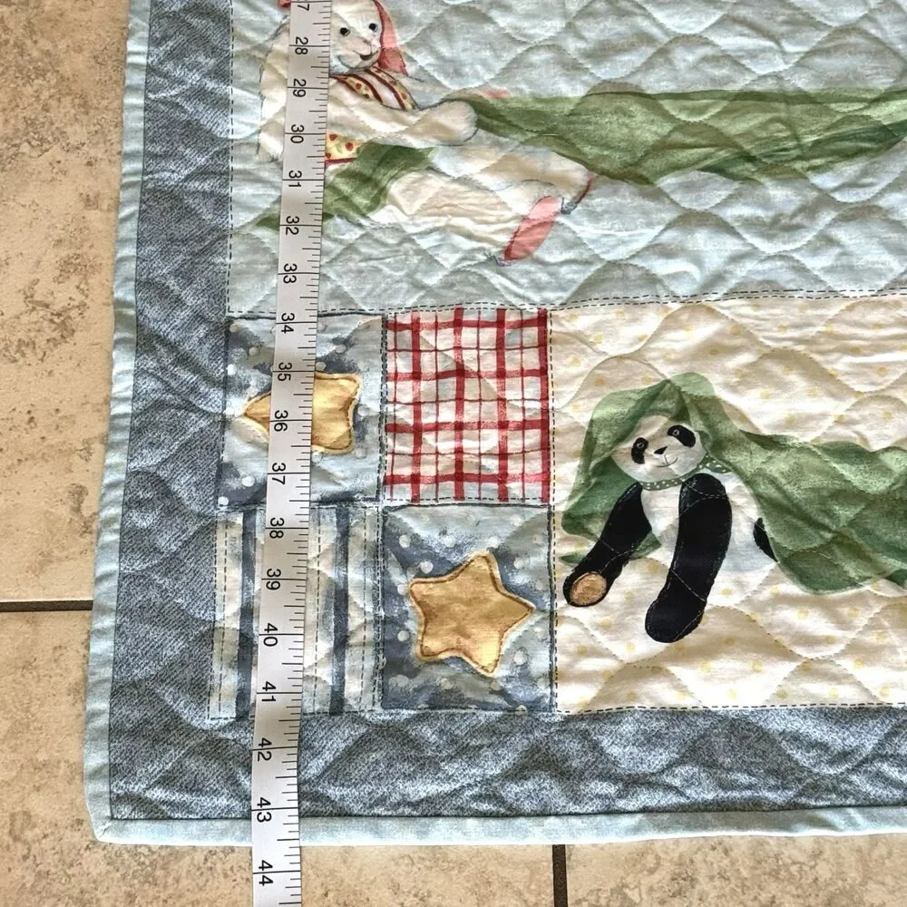 Baby Nursery Crib Quilt Blue Jean Teddy Bear Quilt REVERSIBLE Daisy Kingdom Vtg